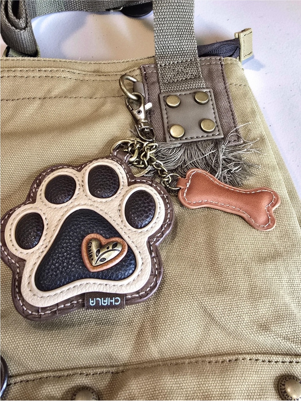 Chala Crossbody Bag in Olive, Brown, Tan with Paw Charm - Picture 2 of 5